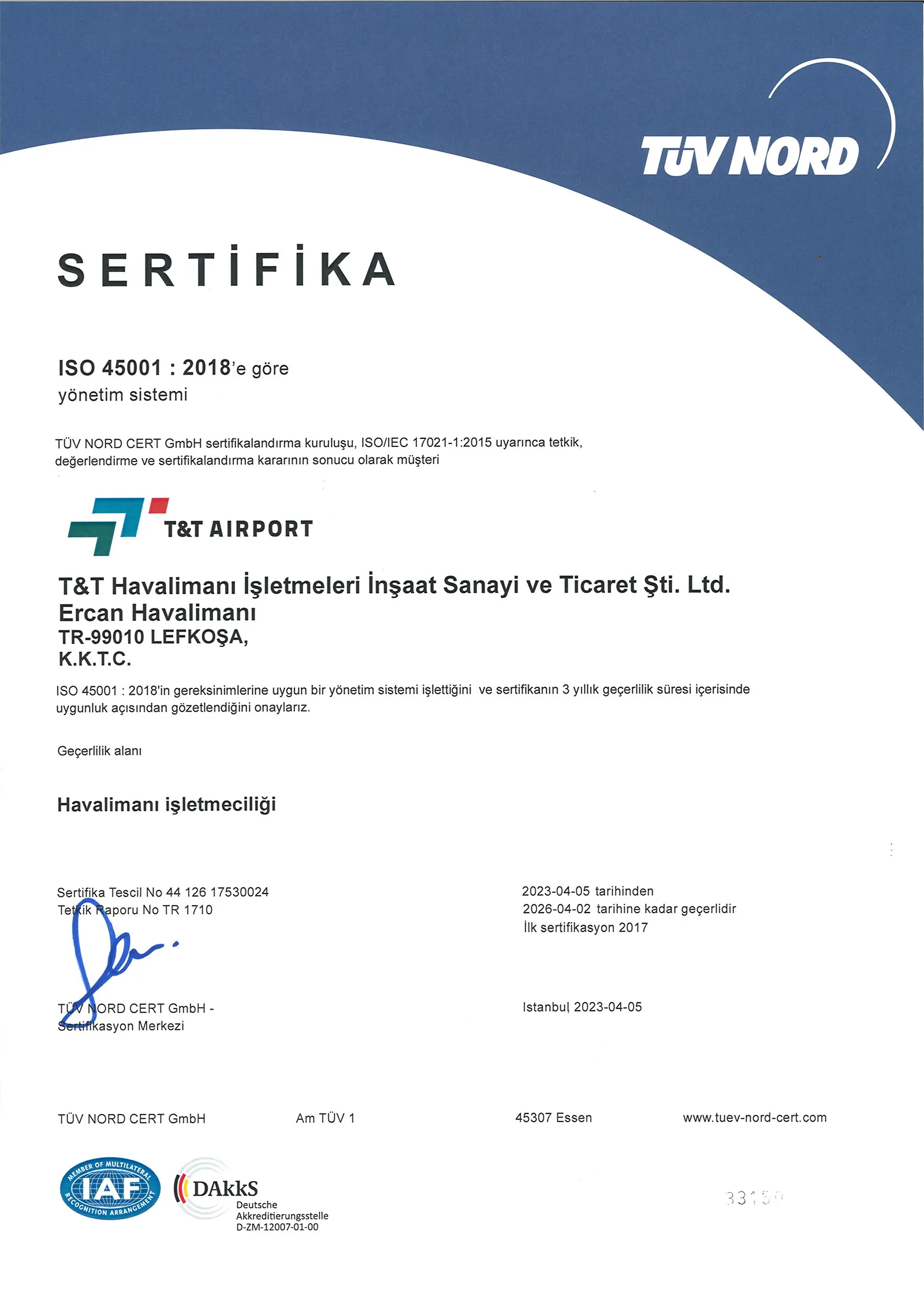 ISO 45001:2018 İş Sağlığı ve Güvenliği Yönetim Sistemi Sertifikası